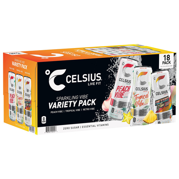 large_12e62b66-6f32-4935-8a5b-4797e349e49d Celsius Sparkling Energy Drink, Vibe Variety Pack, 12 fl oz, 18-count - Image 1